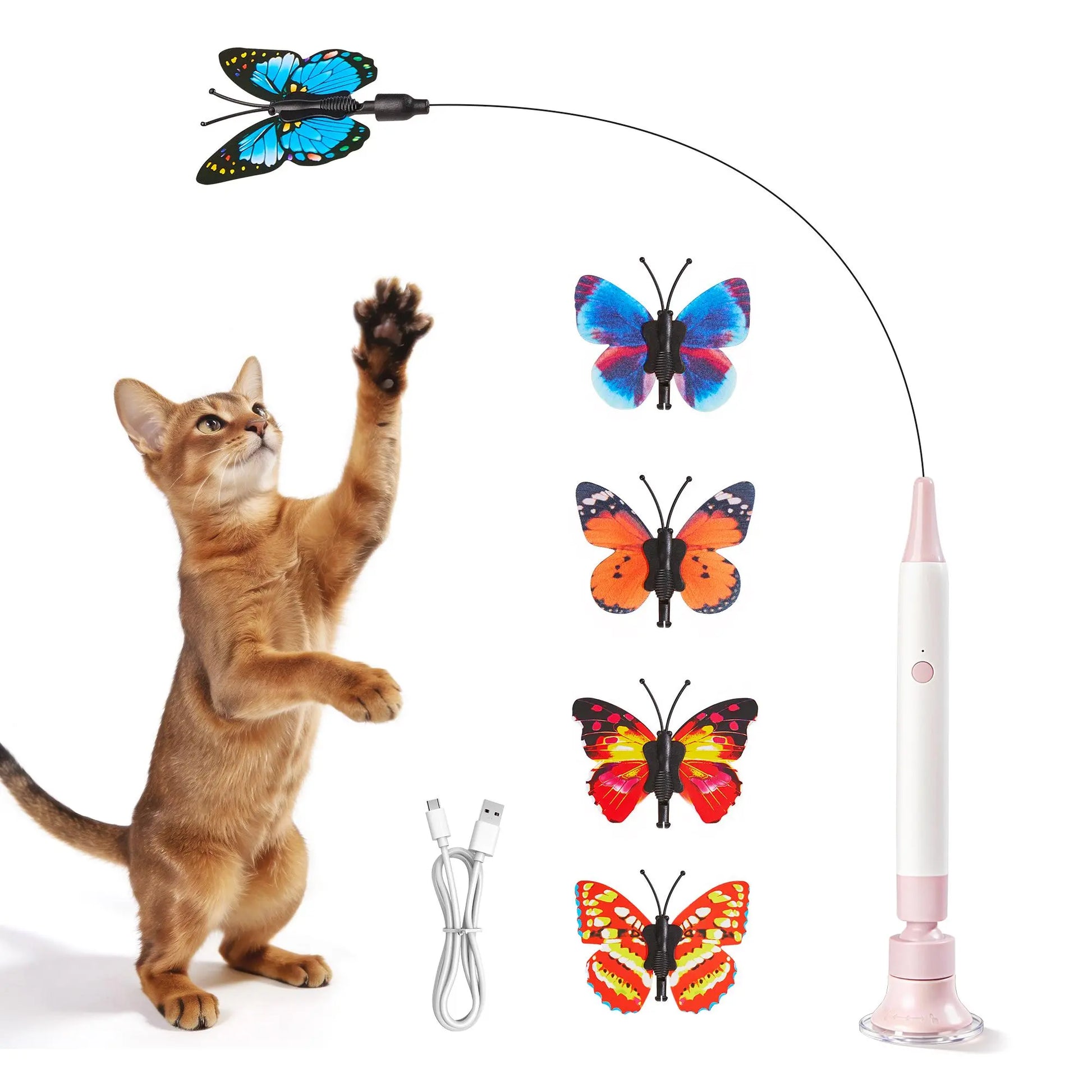 Potaroma Non-Toxic Interactive Butterfly Cat Wand - Electric Spinning and Shaking Toy with Rechargeable USB, Suction Cup, Handheld and Self-Play Modes for Cats and Kittens