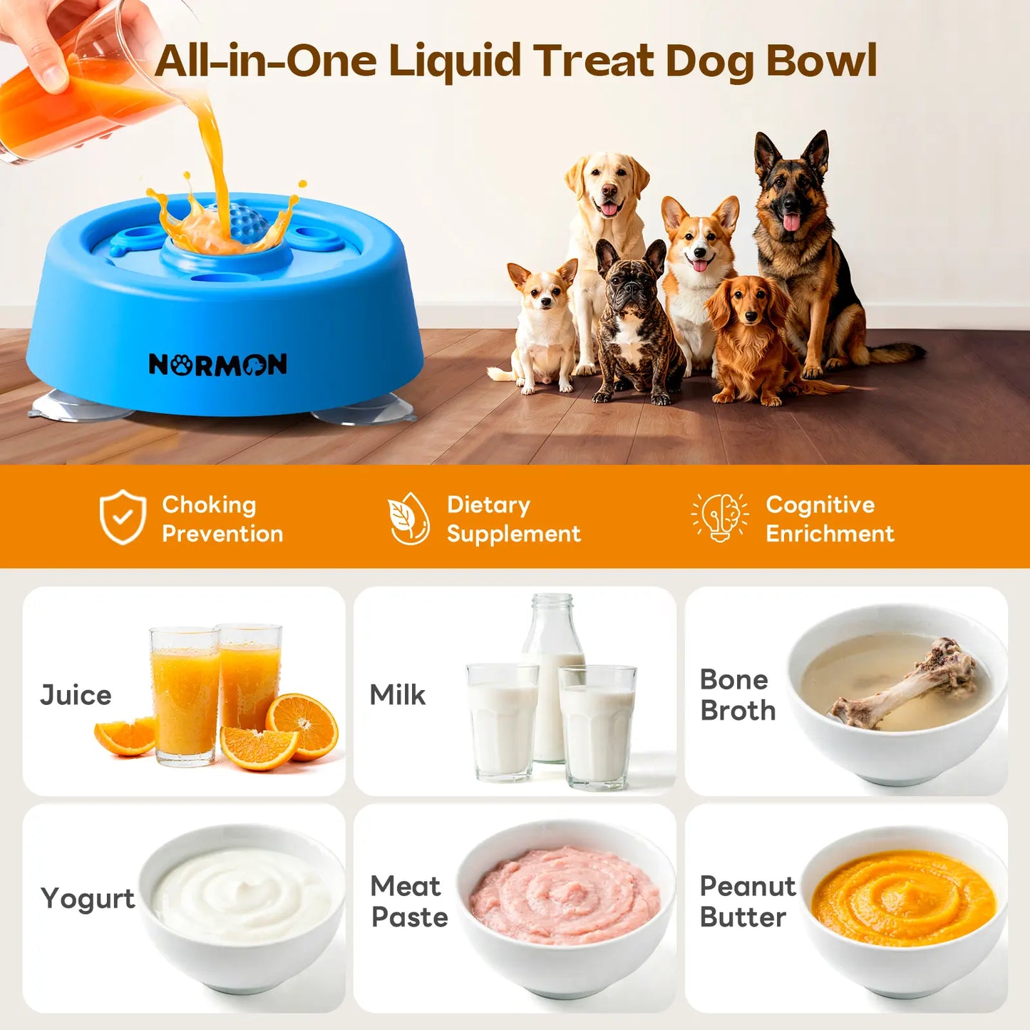 Normon Suction Base Slow Feeder Dog Bowl - No-Spill Lick Bowl for Bone Broth, Yogurt, and Liquid Treats - Rolling Ball Feeding Bowl for Puppies and Dogs of All Sizes