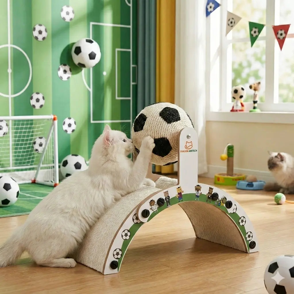 Durable Cat Scratching Post with Soccer Ball - Upgraded Hardened Corrugated Cardboard Arch Bridge - Fun Soccer-Themed Indoor Cat Furniture