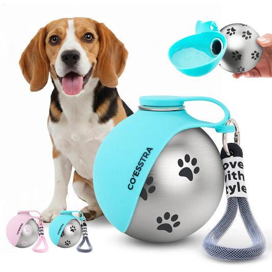 Stainless Steel Pet Water Bottle with Integrated Drinking Basin - 285ml Leak-Proof Travel Solution for Dogs, Ideal for Walks and Road Trips