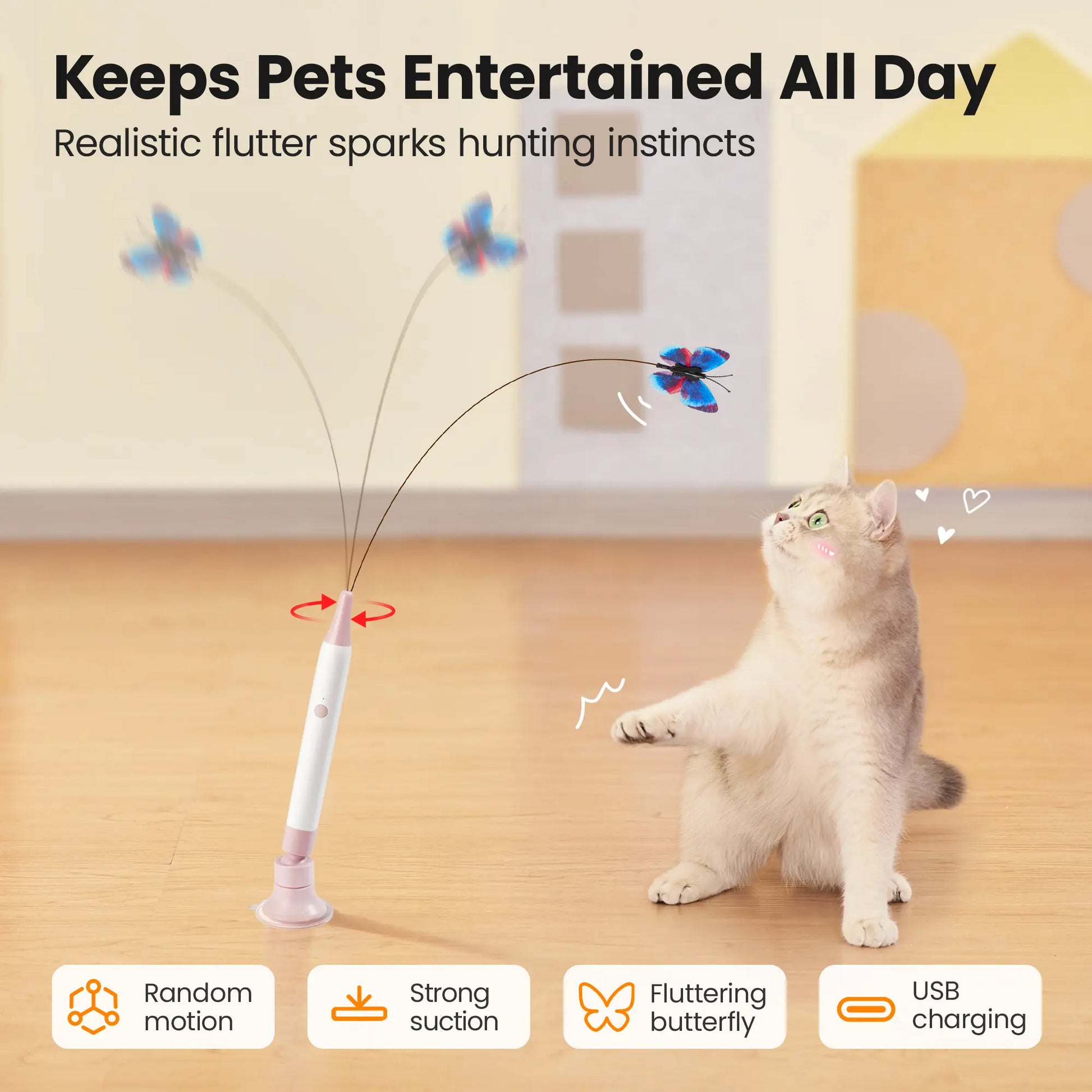 Potaroma Non-Toxic Interactive Butterfly Cat Wand - Electric Spinning and Shaking Toy with Rechargeable USB, Suction Cup, Handheld and Self-Play Modes for Cats and Kittens