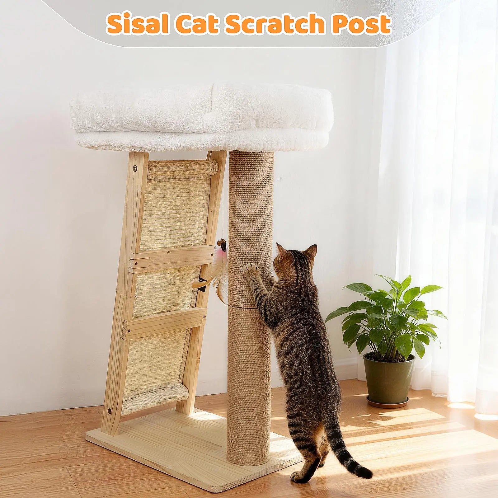 Freestanding Natural Wood Cat Scratching Post with Removable Hammock Bed, Sisal Column, Angled Pad, and Bell Toy - 27.5 Inches Tall, 11.8x15.7 Inch Base, Easy Assembly for Indoor Cats