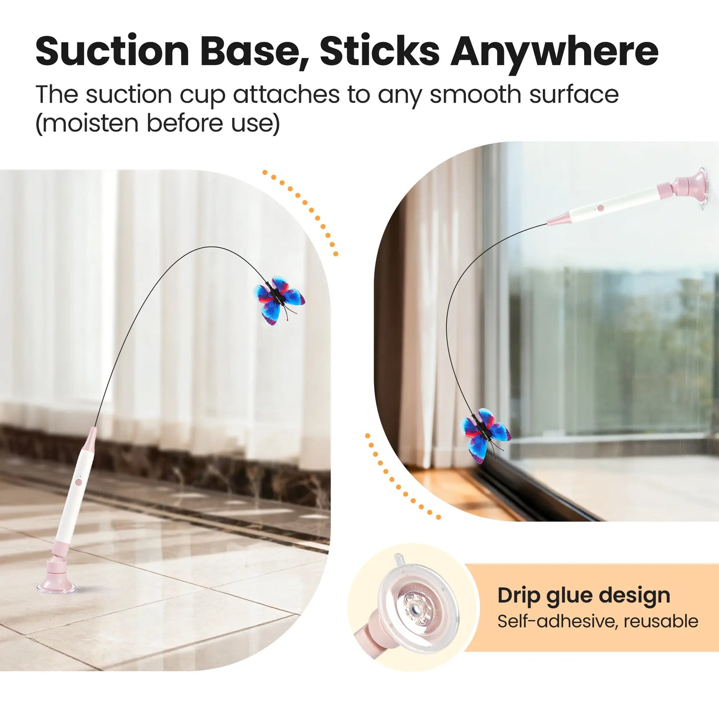 Potaroma Non-Toxic Interactive Butterfly Cat Wand - Electric Spinning and Shaking Toy with Rechargeable USB, Suction Cup, Handheld and Self-Play Modes for Cats and Kittens
