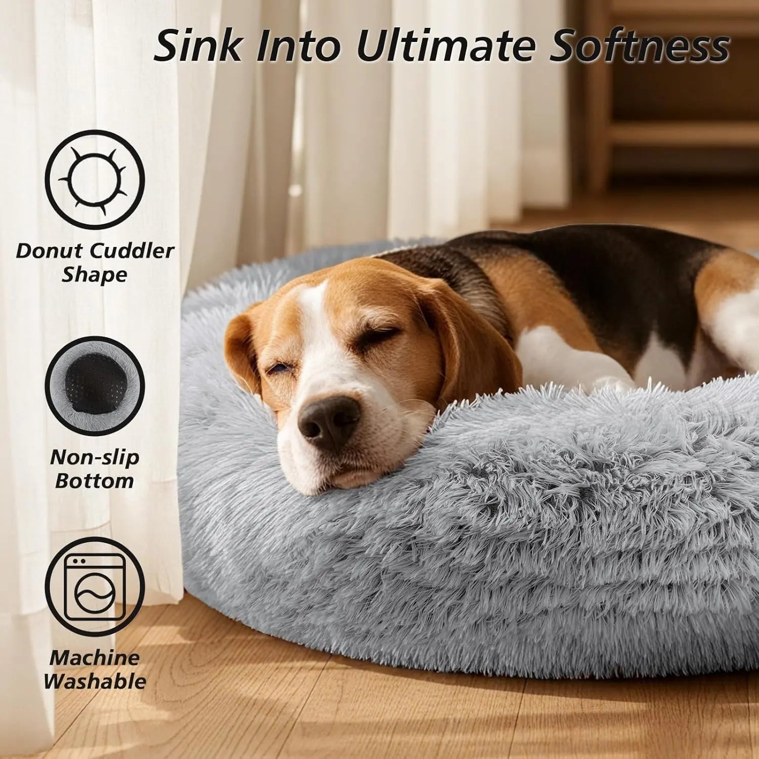 JOLLYVOGUE Medium Calming Dog Bed - 31-Inch Washable Donut Design with Anti-Slip and Anti-Anxiety Features for Pets Up to 45 lbs (Smoke Grey)