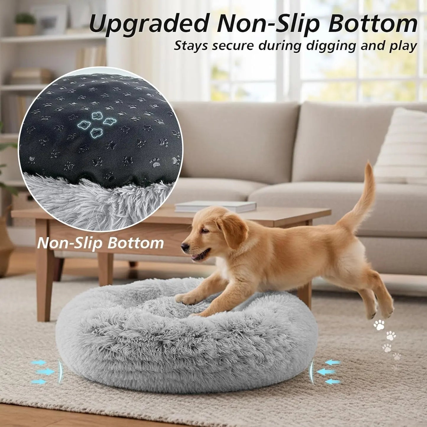 JOLLYVOGUE Medium Calming Dog Bed - 31-Inch Washable Donut Design with Anti-Slip and Anti-Anxiety Features for Pets Up to 45 lbs (Smoke Grey)