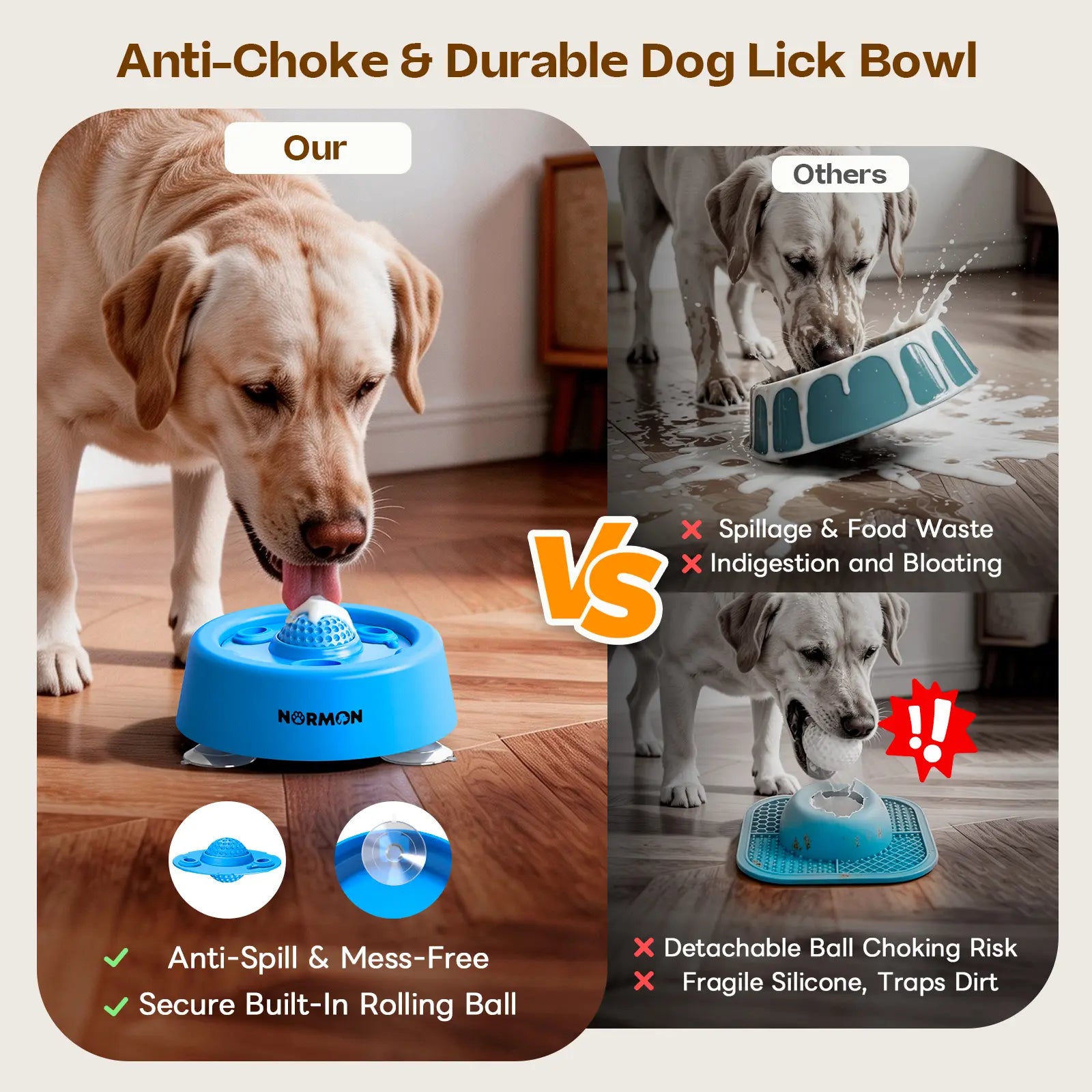 Normon Suction Base Slow Feeder Dog Bowl - No-Spill Lick Bowl for Bone Broth, Yogurt, and Liquid Treats - Rolling Ball Feeding Bowl for Puppies and Dogs of All Sizes