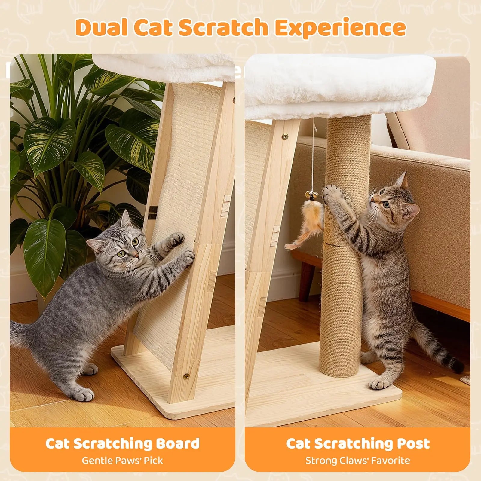 Freestanding Natural Wood Cat Scratching Post with Removable Hammock Bed, Sisal Column, Angled Pad, and Bell Toy - 27.5 Inches Tall, 11.8x15.7 Inch Base, Easy Assembly for Indoor Cats