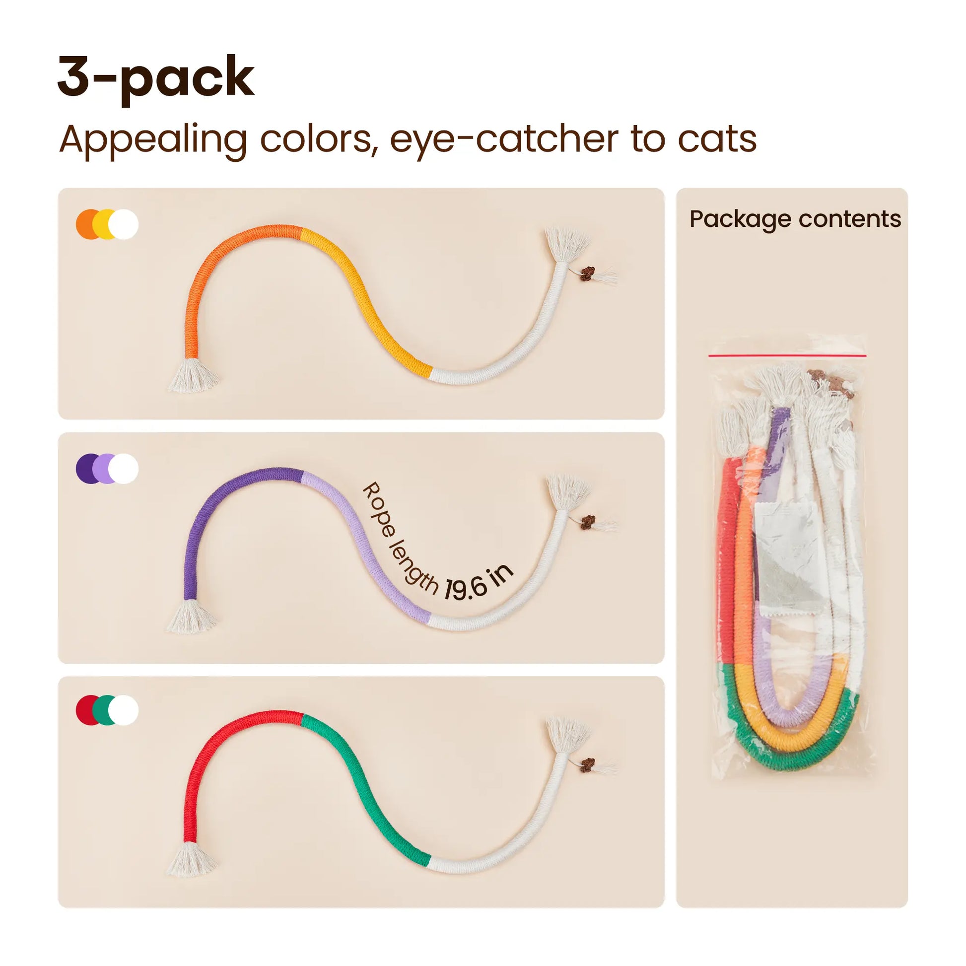Potaroma Set of 3 Cat Chew Ropes - Dental Care and Calming Interactive Toys for Indoor Kittens