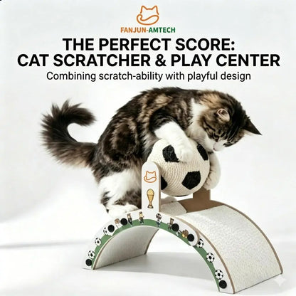 Durable Cat Scratching Post with Soccer Ball - Upgraded Hardened Corrugated Cardboard Arch Bridge - Fun Soccer-Themed Indoor Cat Furniture
