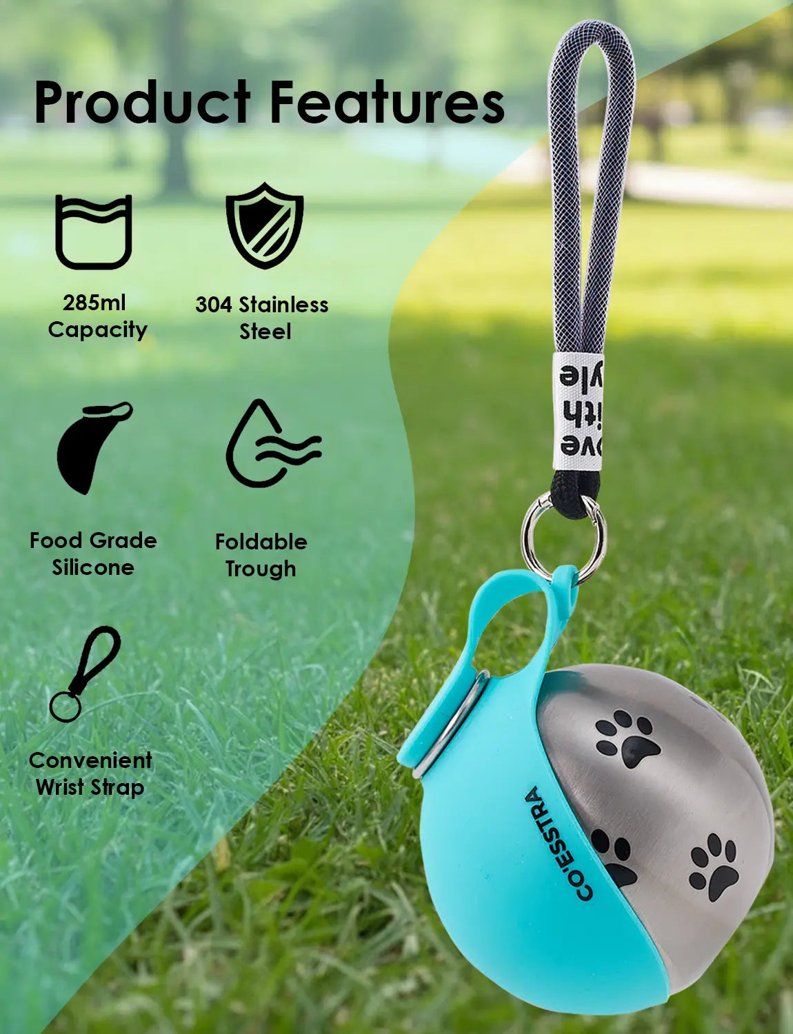 Stainless Steel Pet Water Bottle with Integrated Drinking Basin - 285ml Leak-Proof Travel Solution for Dogs, Ideal for Walks and Road Trips