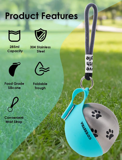 Stainless Steel Pet Water Bottle with Integrated Drinking Basin - 285ml Leak-Proof Travel Solution for Dogs, Ideal for Walks and Road Trips