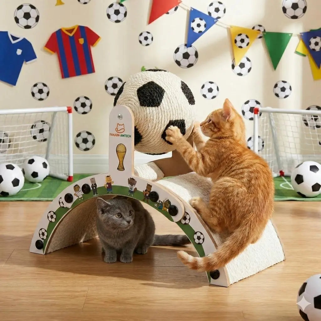 Durable Cat Scratching Post with Soccer Ball - Upgraded Hardened Corrugated Cardboard Arch Bridge - Fun Soccer-Themed Indoor Cat Furniture