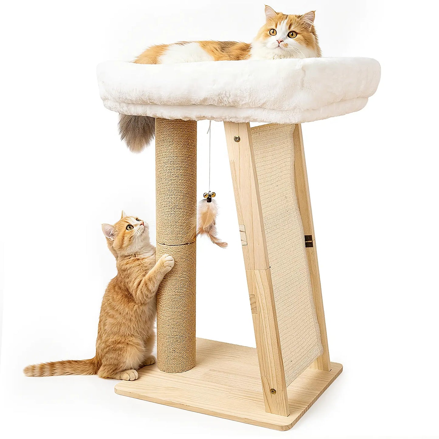 Freestanding Natural Wood Cat Scratching Post with Removable Hammock Bed, Sisal Column, Angled Pad, and Bell Toy - 27.5 Inches Tall, 11.8x15.7 Inch Base, Easy Assembly for Indoor Cats