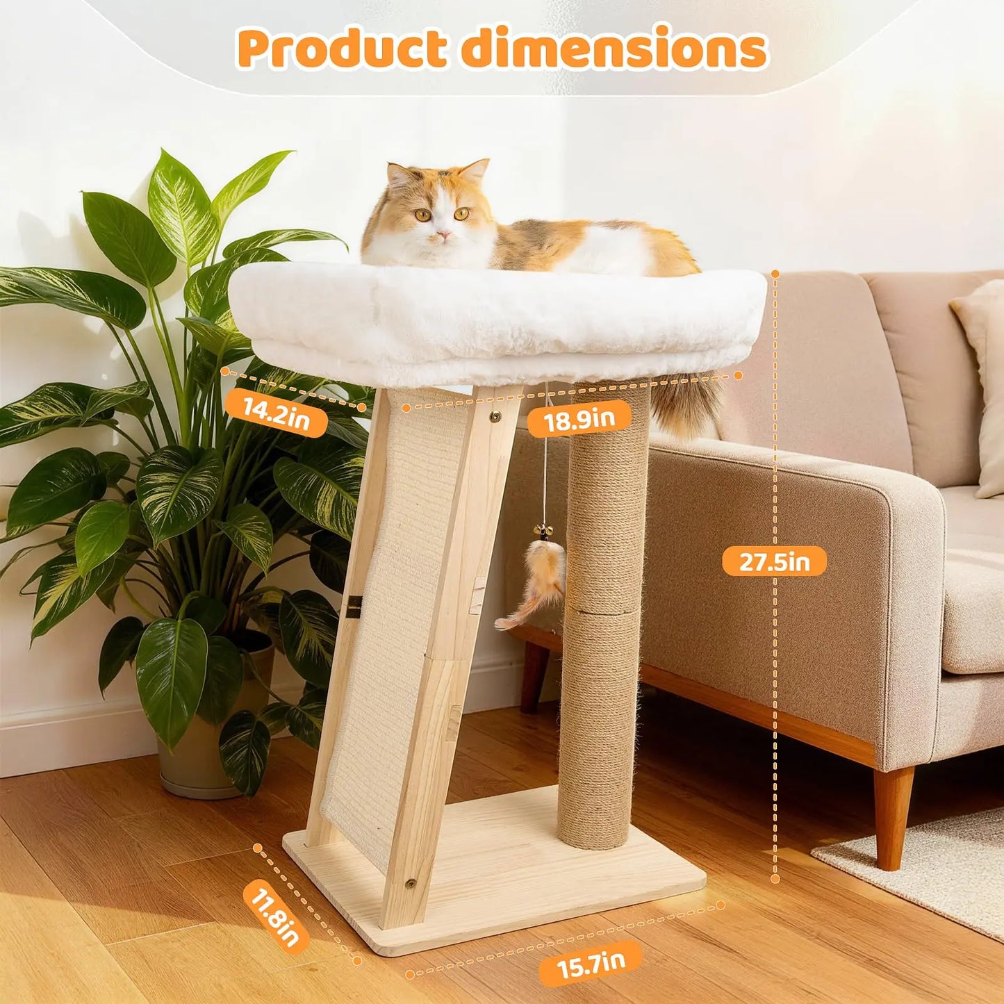 Freestanding Natural Wood Cat Scratching Post with Removable Hammock Bed, Sisal Column, Angled Pad, and Bell Toy - 27.5 Inches Tall, 11.8x15.7 Inch Base, Easy Assembly for Indoor Cats