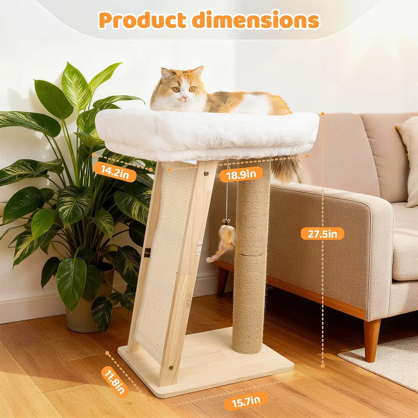 Freestanding Natural Wood Cat Scratching Post with Removable Hammock Bed, Sisal Column, Angled Pad, and Bell Toy - 27.5 Inches Tall, 11.8x15.7 Inch Base, Easy Assembly for Indoor Cats
