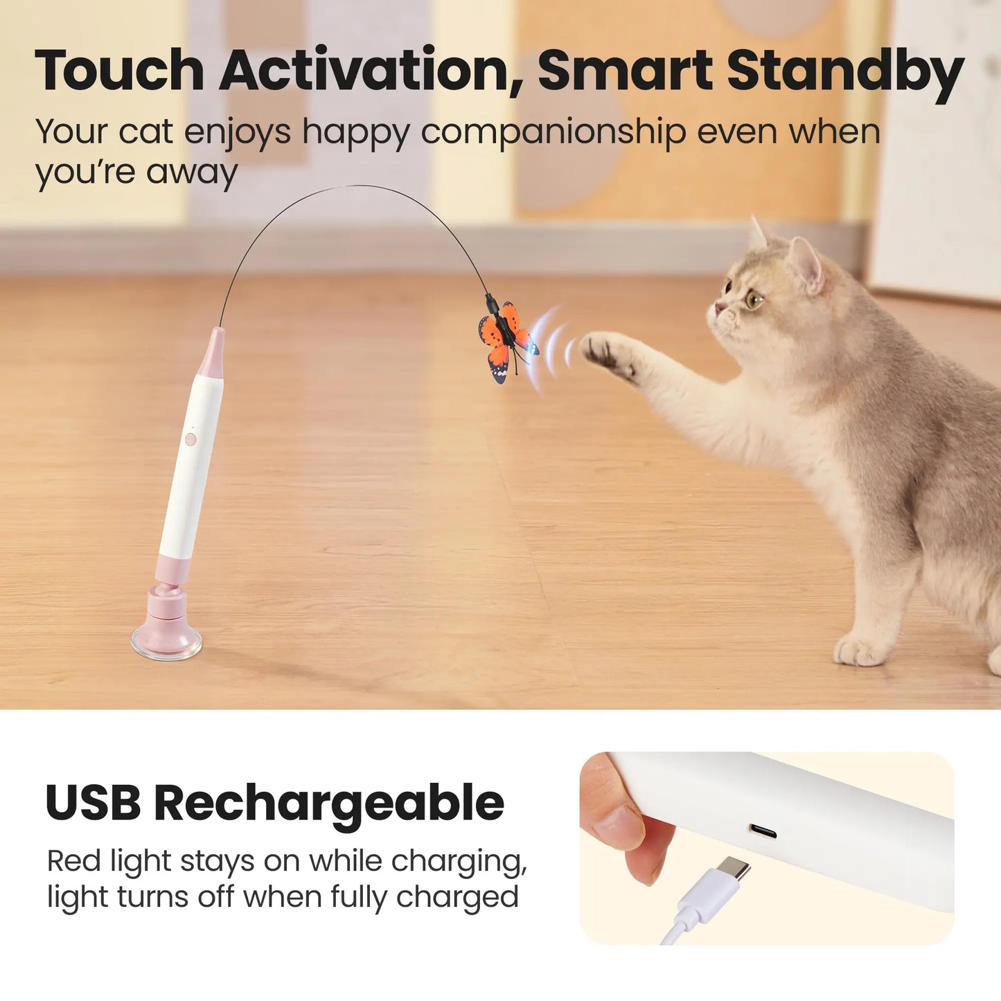 Potaroma Non-Toxic Interactive Butterfly Cat Wand - Electric Spinning and Shaking Toy with Rechargeable USB, Suction Cup, Handheld and Self-Play Modes for Cats and Kittens