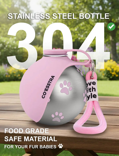 Stainless Steel Pet Water Bottle with Integrated Drinking Basin - 285ml Leak-Proof Travel Solution for Dogs, Ideal for Walks and Road Trips