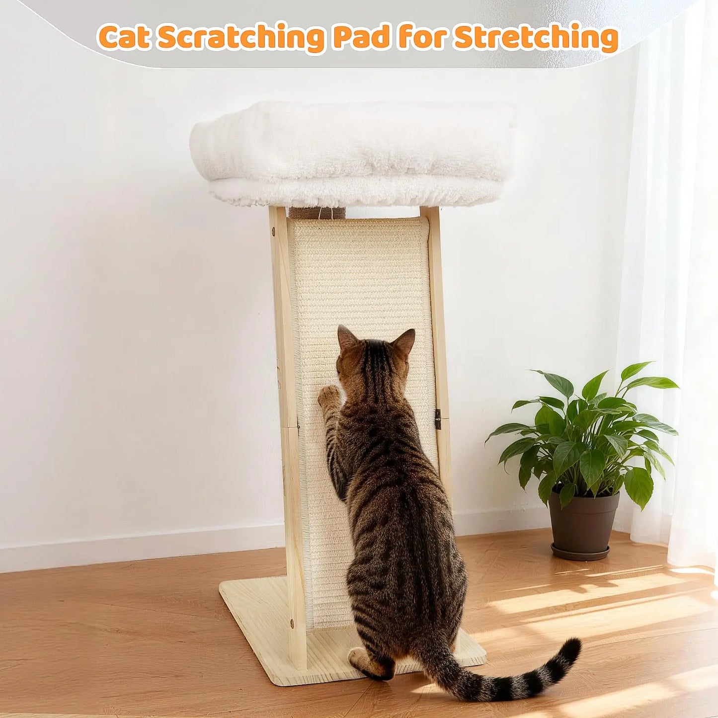 Freestanding Natural Wood Cat Scratching Post with Removable Hammock Bed, Sisal Column, Angled Pad, and Bell Toy - 27.5 Inches Tall, 11.8x15.7 Inch Base, Easy Assembly for Indoor Cats