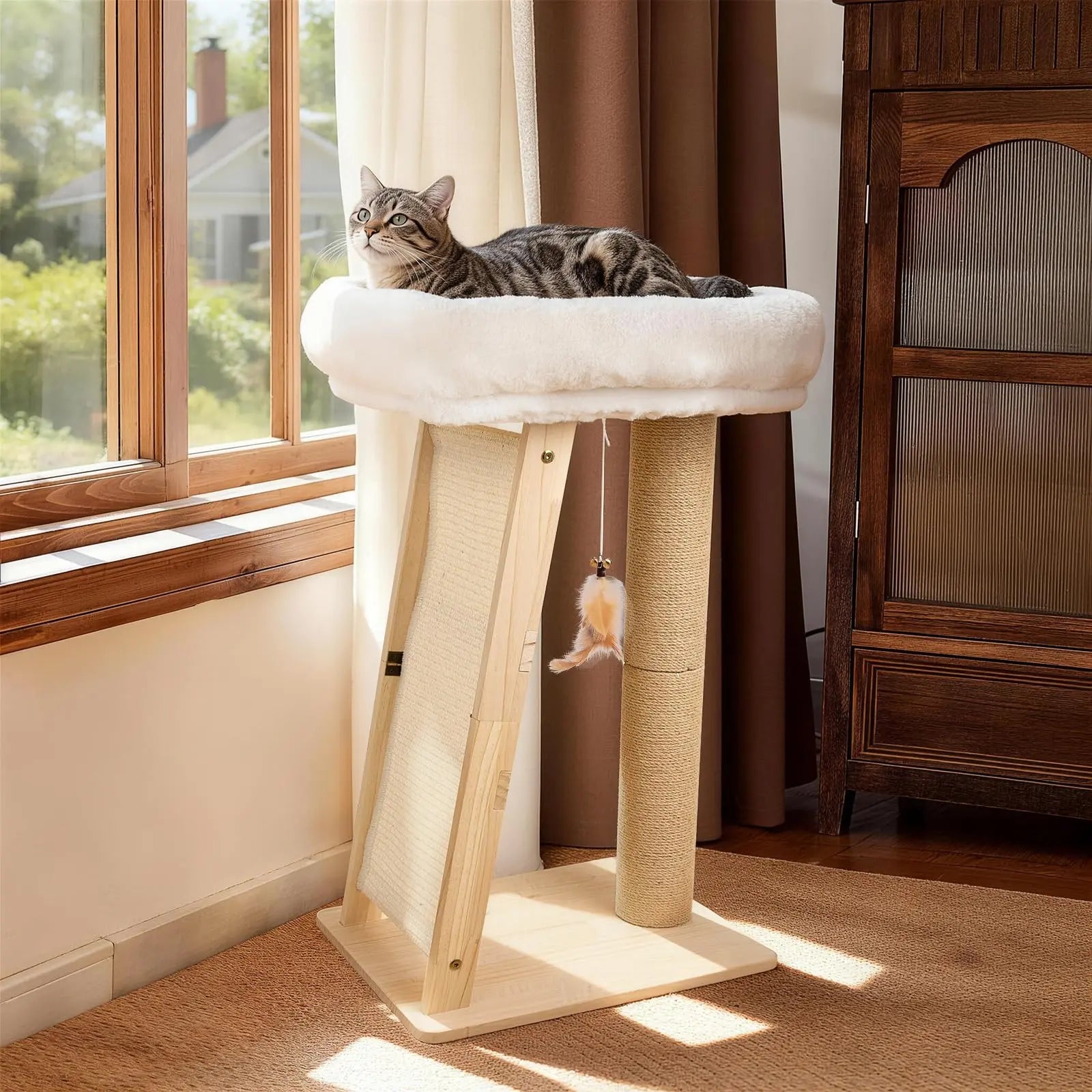 Freestanding Natural Wood Cat Scratching Post with Removable Hammock Bed, Sisal Column, Angled Pad, and Bell Toy - 27.5 Inches Tall, 11.8x15.7 Inch Base, Easy Assembly for Indoor Cats