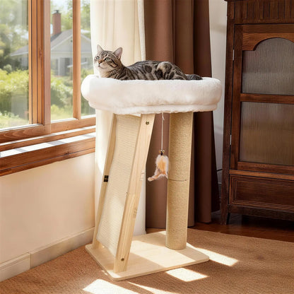 Freestanding Natural Wood Cat Scratching Post with Removable Hammock Bed, Sisal Column, Angled Pad, and Bell Toy - 27.5 Inches Tall, 11.8x15.7 Inch Base, Easy Assembly for Indoor Cats