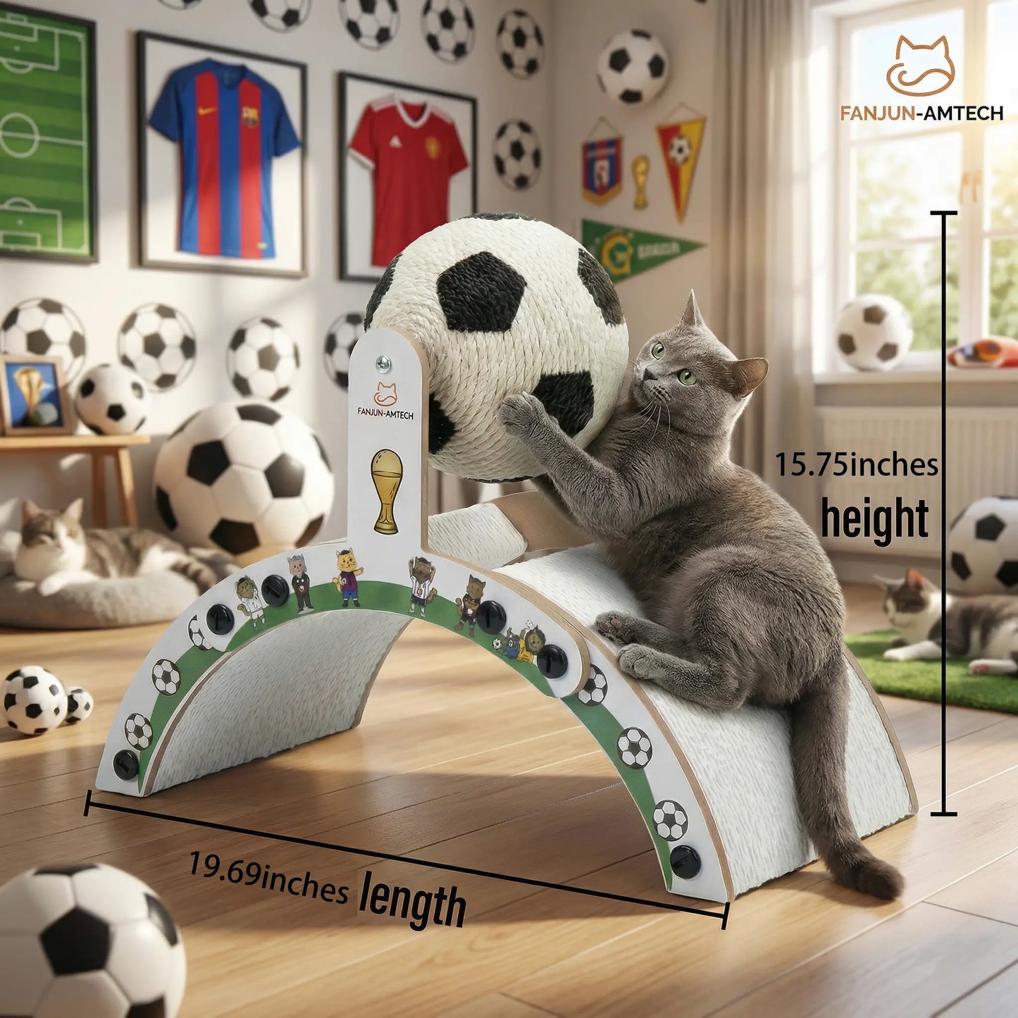 Durable Cat Scratching Post with Soccer Ball - Upgraded Hardened Corrugated Cardboard Arch Bridge - Fun Soccer-Themed Indoor Cat Furniture