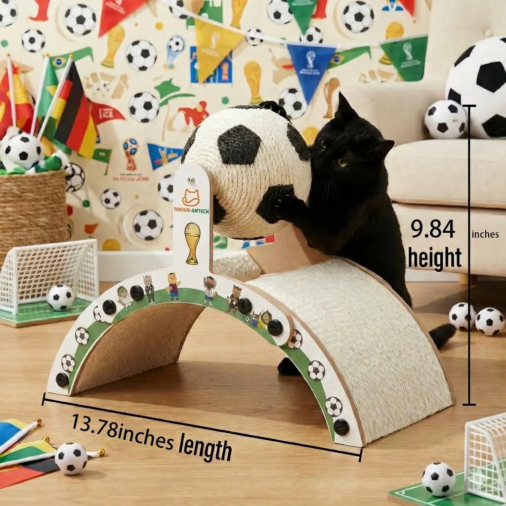 Durable Cat Scratching Post with Soccer Ball - Upgraded Hardened Corrugated Cardboard Arch Bridge - Fun Soccer-Themed Indoor Cat Furniture