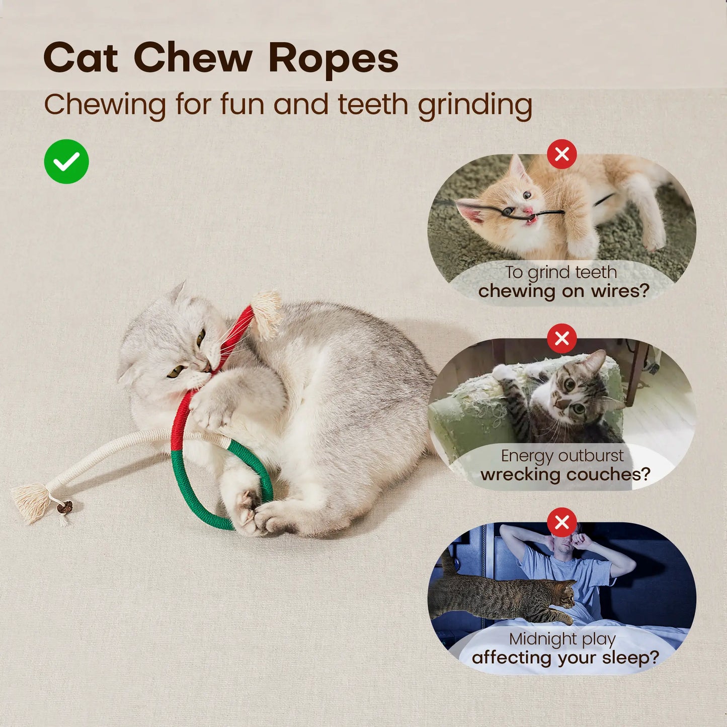 Potaroma Set of 3 Cat Chew Ropes - Dental Care and Calming Interactive Toys for Indoor Kittens