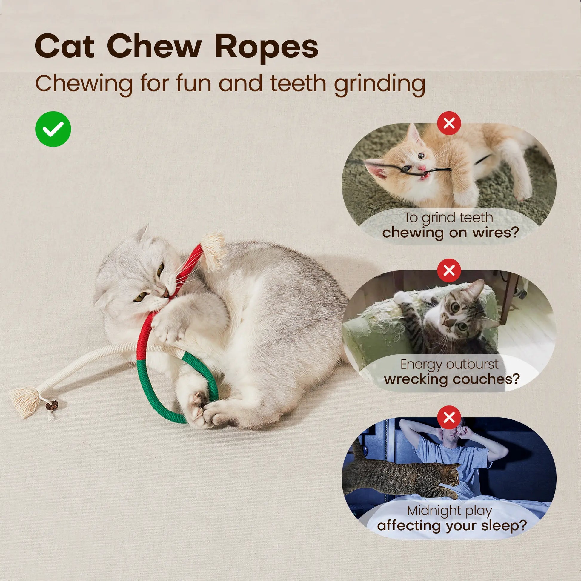 Potaroma Set of 3 Cat Chew Ropes - Dental Care and Calming Interactive Toys for Indoor Kittens