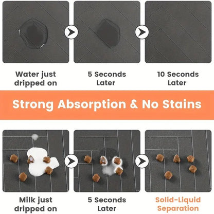 Quick-Drying Absorbent Pet Feeding Mat for Dogs and Cats with Non-Slip Rubber Bottom and Dark Polyester Surface, Ideal for Indoor Use, Lightweight Design for Small and Large Pets