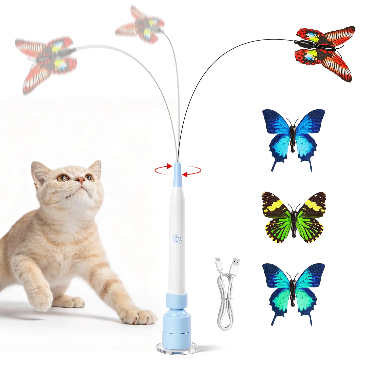 Potaroma Non-Toxic Interactive Butterfly Cat Wand - Electric Spinning and Shaking Toy with Rechargeable USB, Suction Cup, Handheld and Self-Play Modes for Cats and Kittens