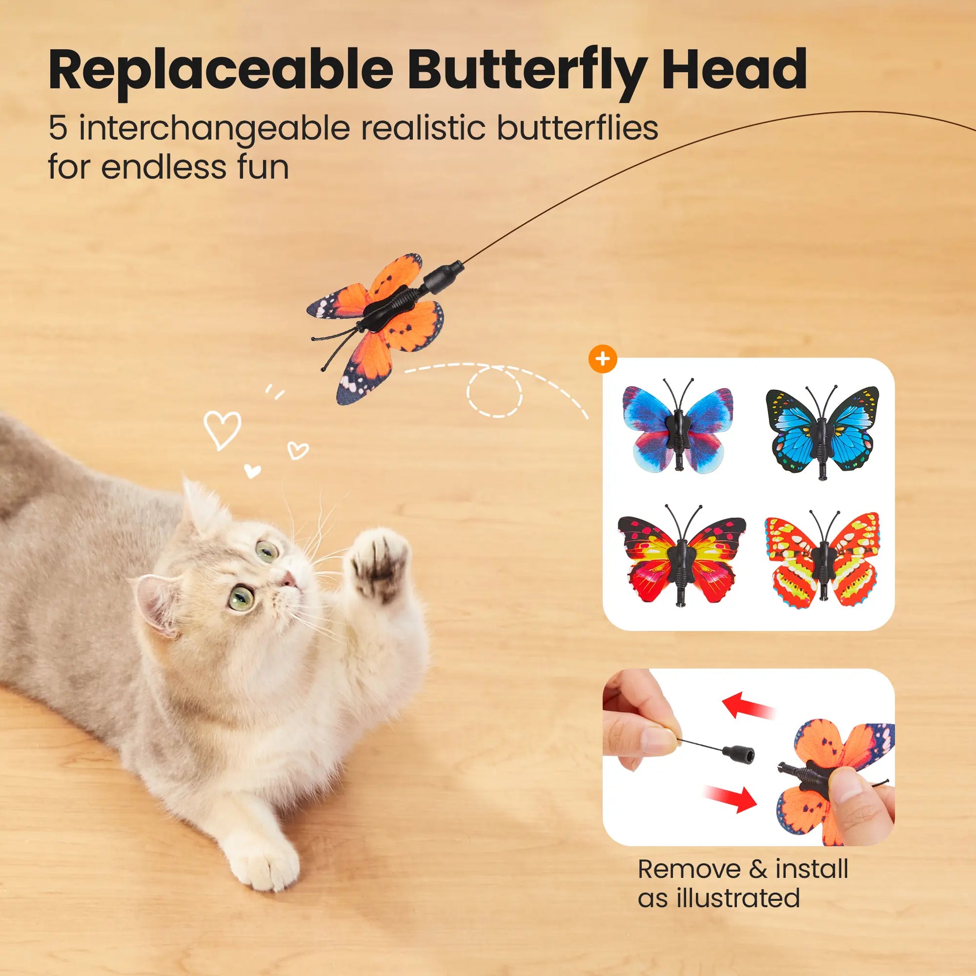 Potaroma Non-Toxic Interactive Butterfly Cat Wand - Electric Spinning and Shaking Toy with Rechargeable USB, Suction Cup, Handheld and Self-Play Modes for Cats and Kittens